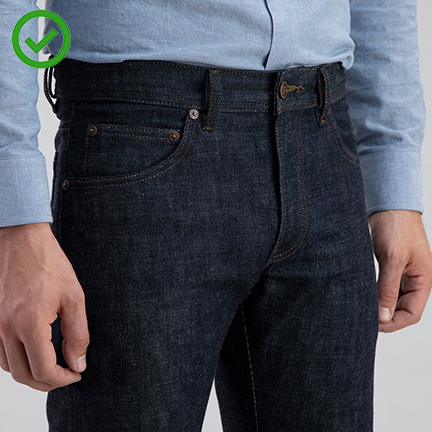 Low contrast details on jeans create a favorable neutral look for office and business jeans.