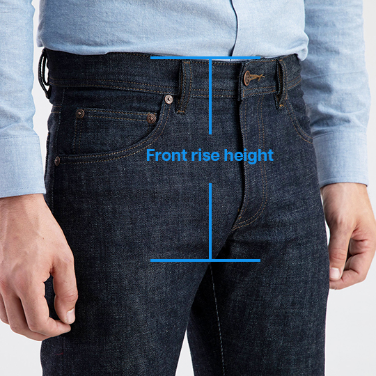 High rise jeans for men measured from top of waistband down to crotch seam.