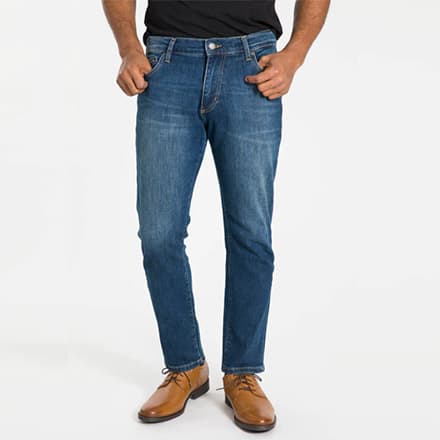 Ash & Erie medium blue wash jeans with brown shoes