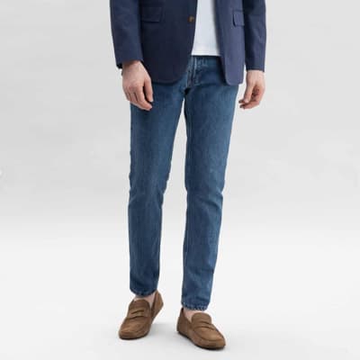 Business casual jeans in a medium blue wash by Todd Shelton. 