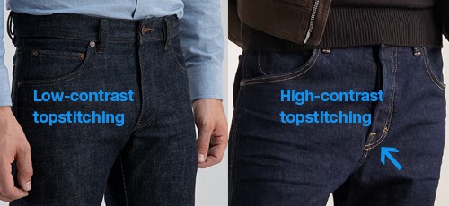 Business casual jeans use low-contrast topstitching. 